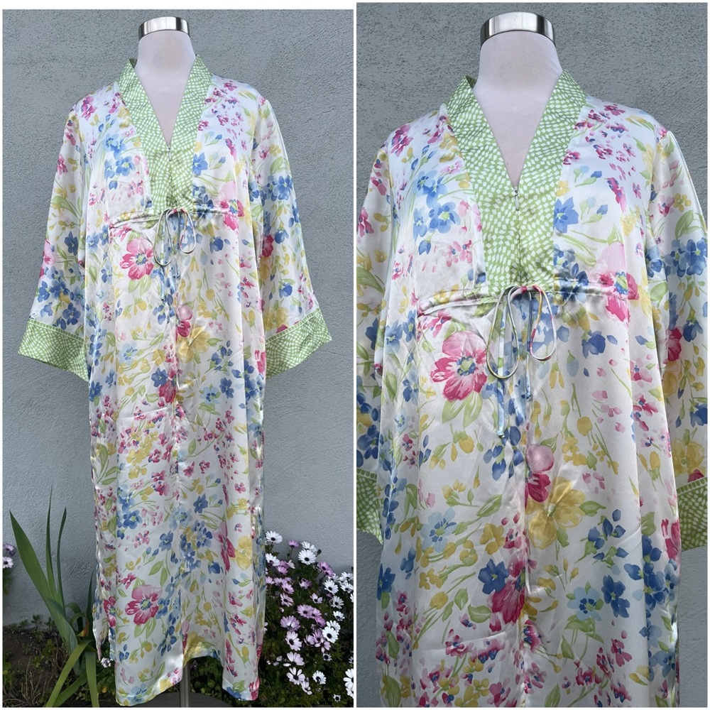 NOS Oscar De La Renta Pink Label Spring Gardens Satin Polyester Kaftan Robe Sz M